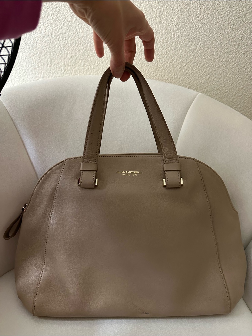 LANCEL Paris Elegant Beige Leather Domed Satchel Bag
